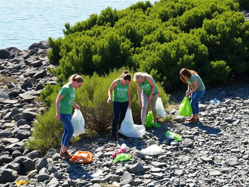 A photograph of volunteers cleaning up a shoreline, emphasizing the environmental stewardship aspect of CLUB NAUTIQUE DE PORT DIEU's activities.