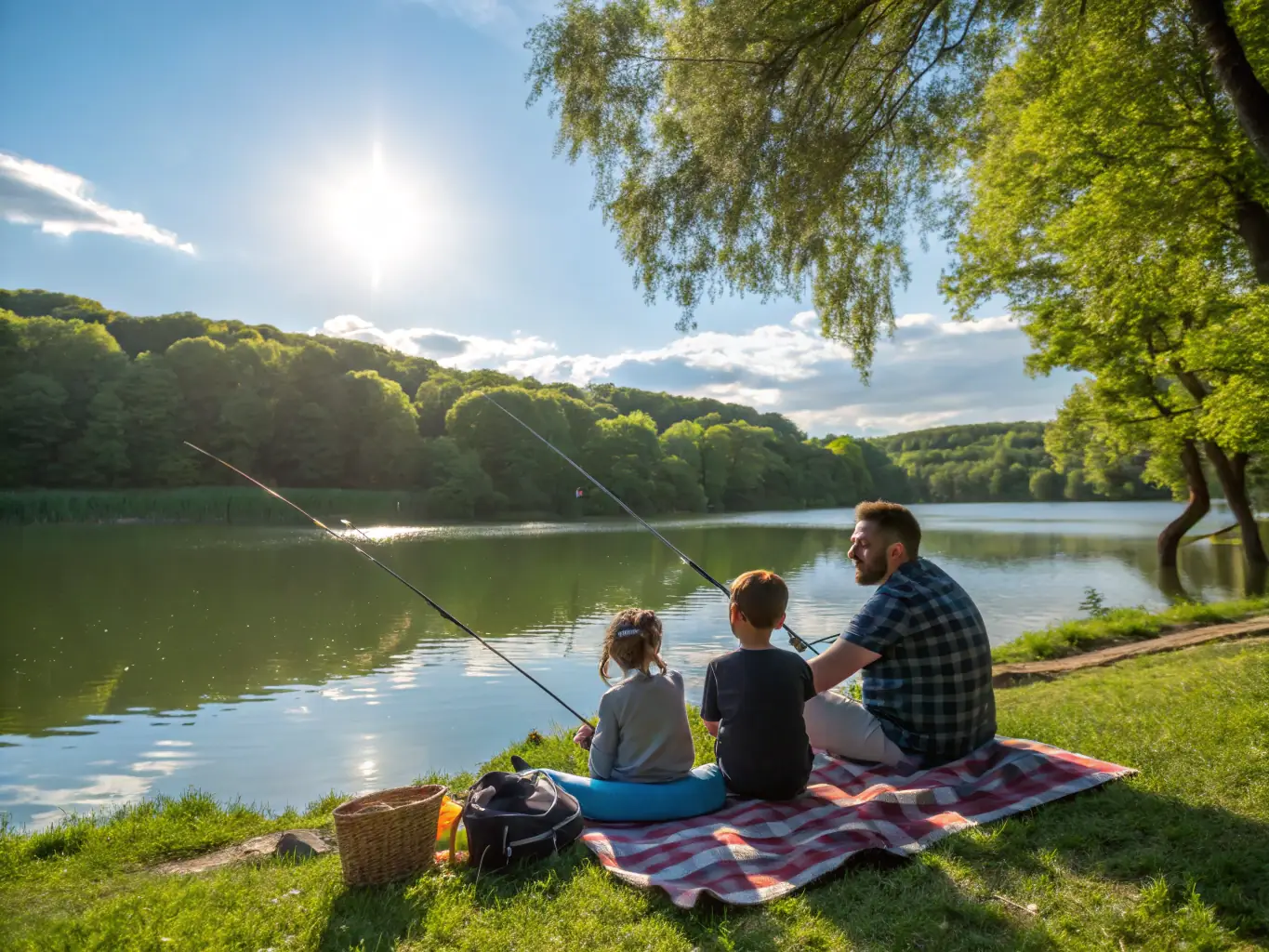 An image of a family fishing from a dock at dawn, with lush natural surroundings and a sense of tranquility, showcasing the fishing programs available at CLUB NAUTIQUE DE PORT DIEU.