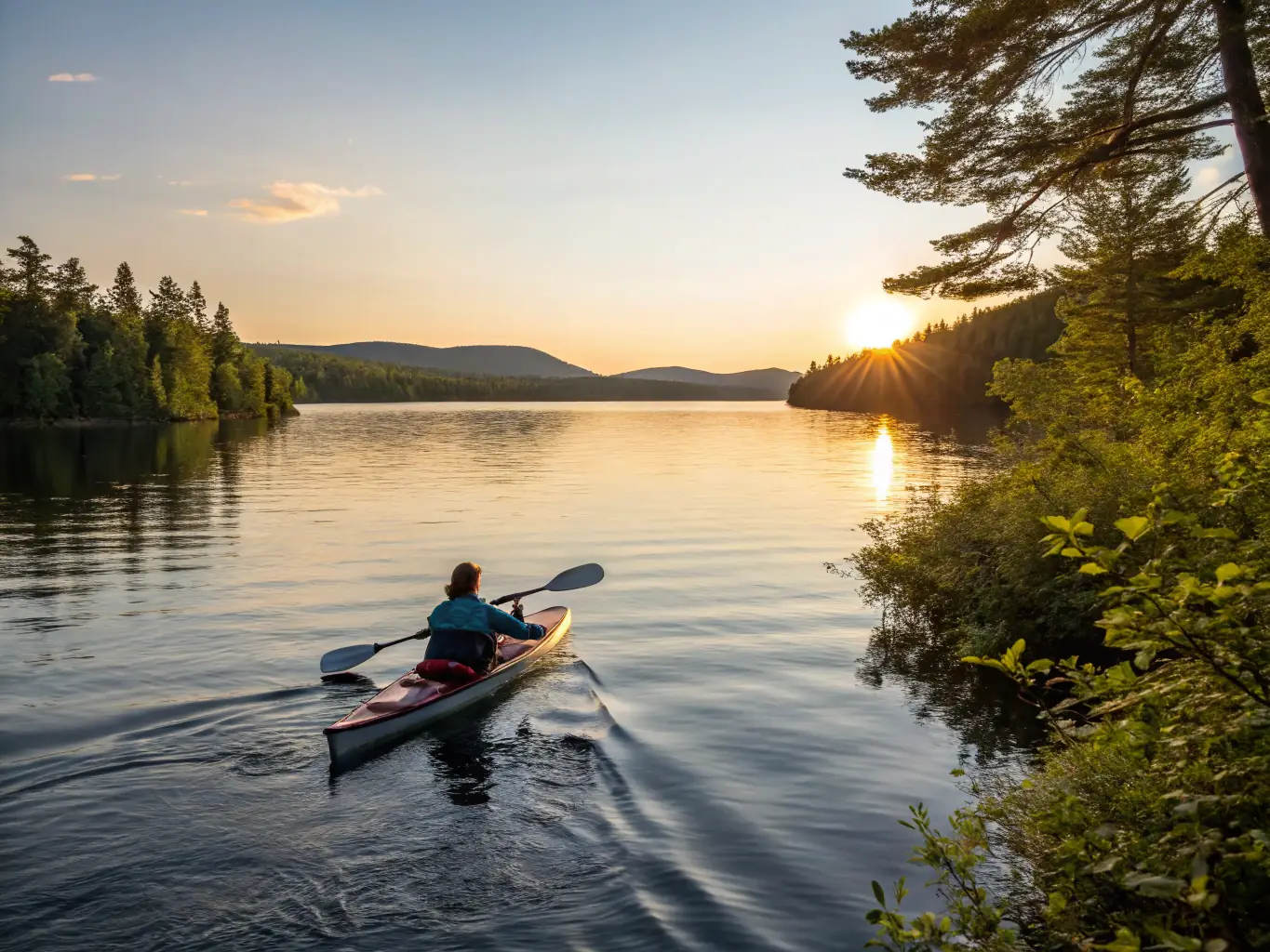 A person kayaking on a calm lake, reflecting the peacefulness and serenity of the activity. The image should highlight the connection with nature.