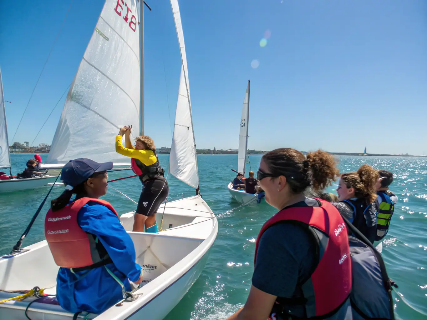 A group of people sailing on a sunny day, showcasing a CLUB NAUTIQUE DE PORT DIEU sailing program. The image should convey teamwork, adventure, and the joy of being on the water.