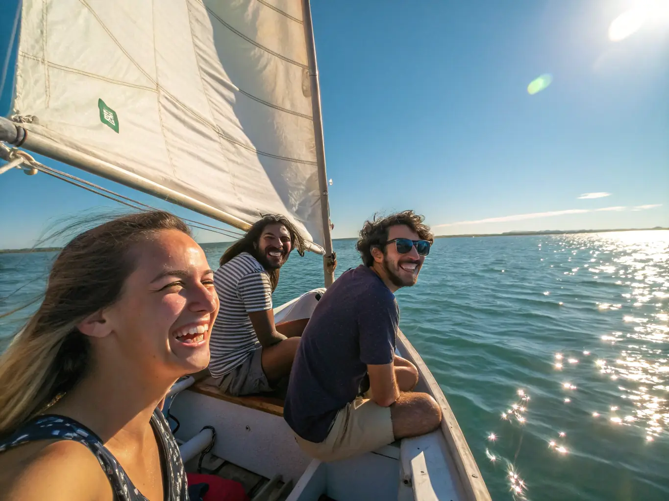 A group of people sailing on a sunny day, showcasing teamwork and enjoyment of nautical activities organized by CLUB NAUTIQUE DE PORT DIEU.