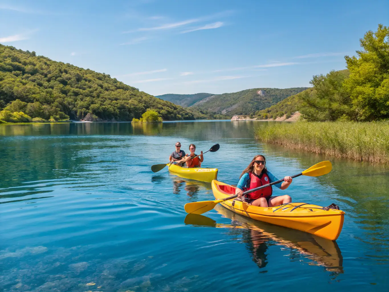 A group of kayakers paddling on calm waters, highlighting the recreational and environmental benefits of CLUB NAUTIQUE DE PORT DIEU's activities.