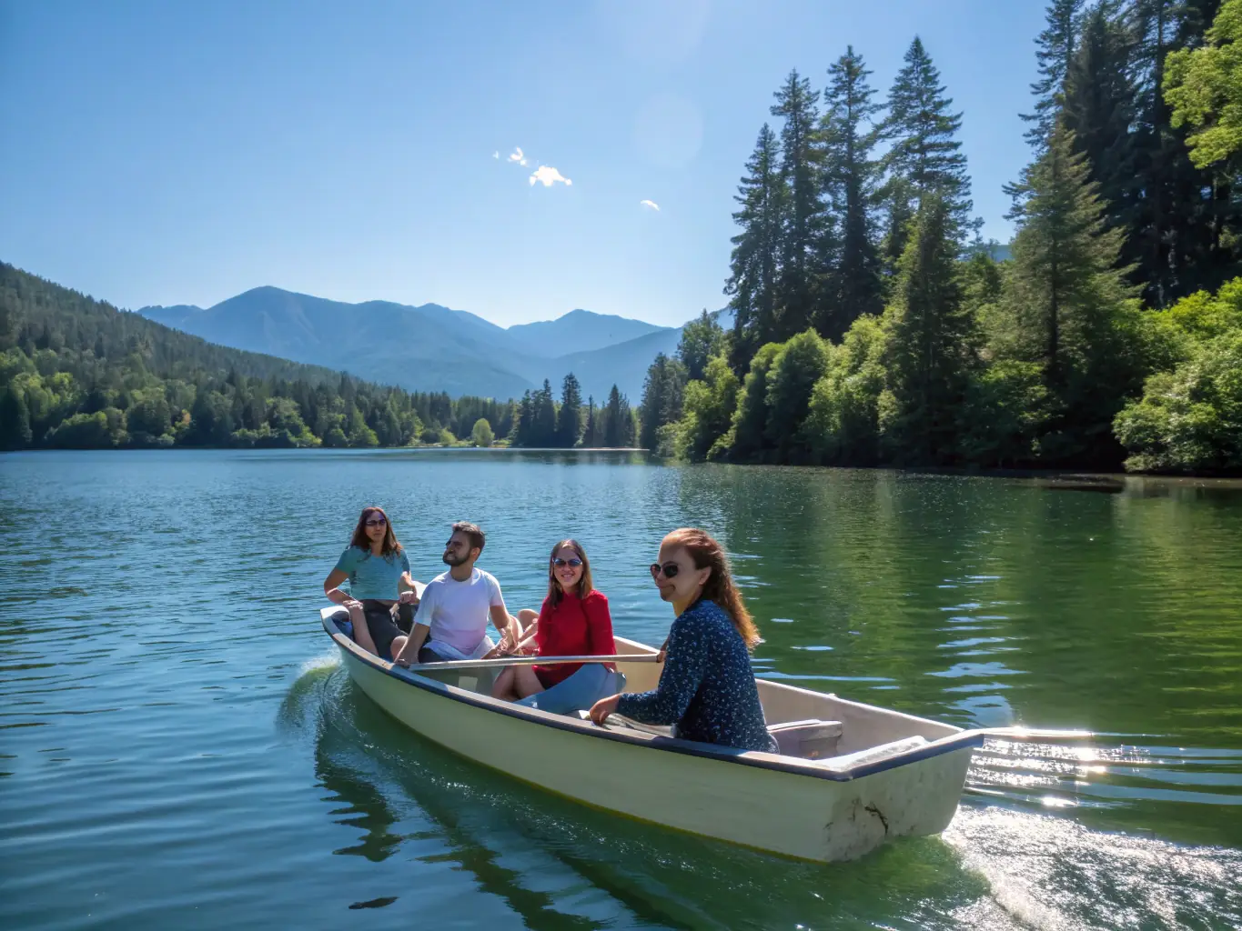 A group of people sailing on a sunny day, showcasing the sailing program offered by CLUB NAUTIQUE DE PORT DIEU. The image should convey a sense of adventure and teamwork.