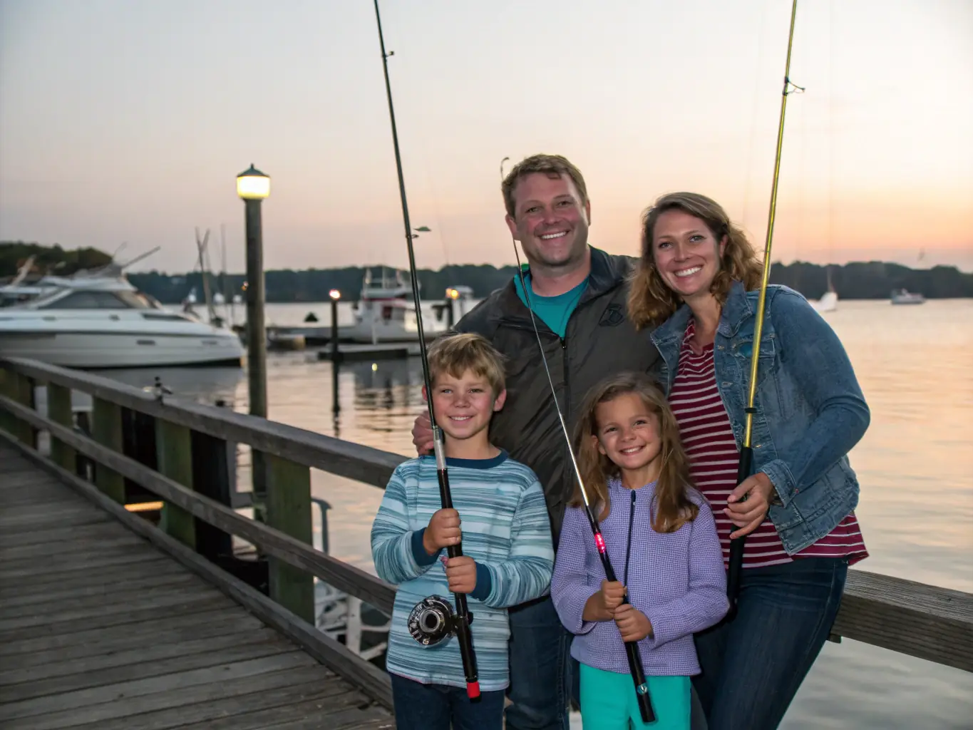 A family participating in a fishing workshop, demonstrating the CLUB NAUTIQUE DE PORT DIEU's commitment to family-friendly activities and environmental education. The image should be warm, inviting, and educational.