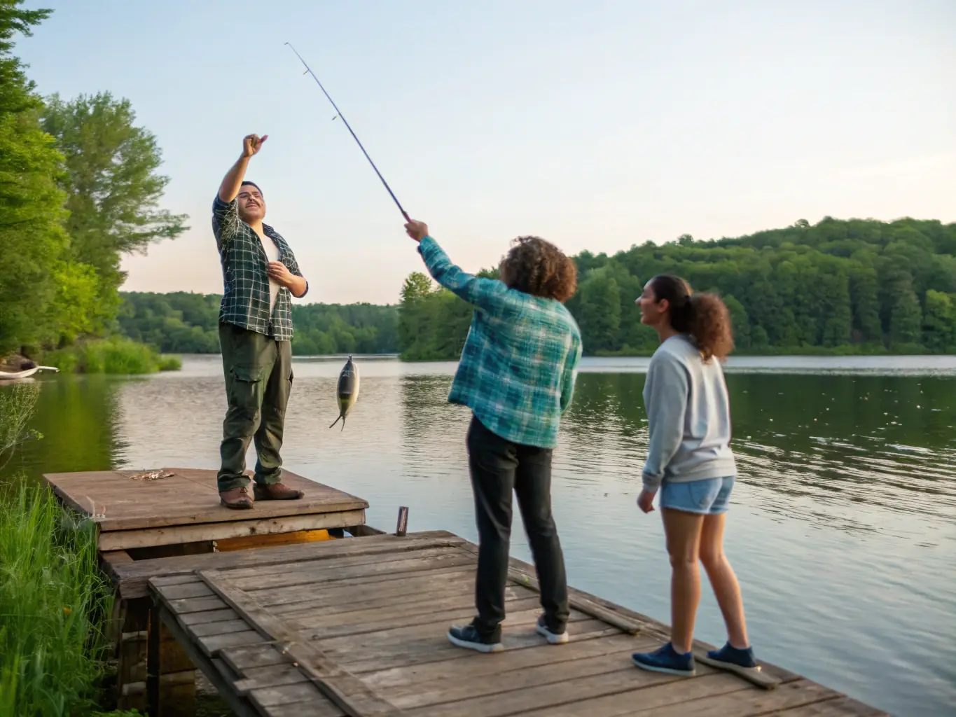 A group of people fishing together, demonstrating the community aspect of the fishing programs offered by CLUB NAUTIQUE DE PORT DIEU. The image should convey a sense of camaraderie and enjoyment.